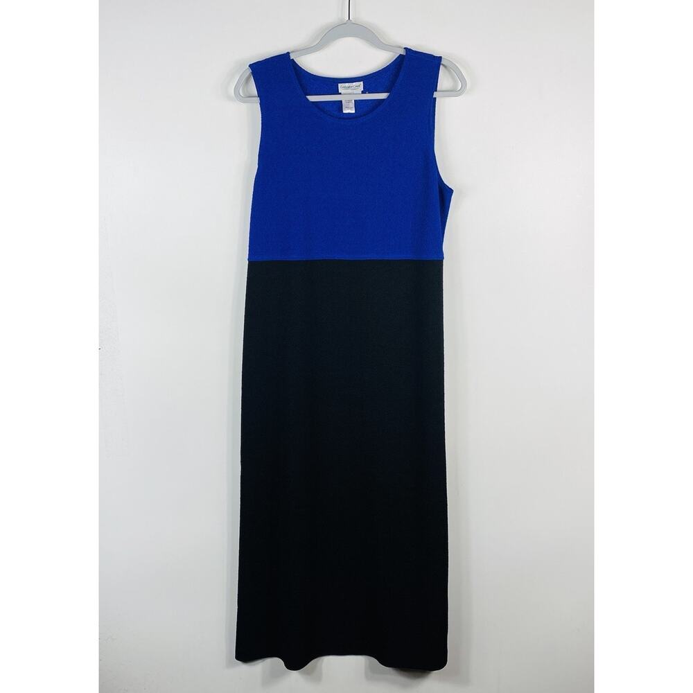 Coldwater Creek Maxi Dress 16 Blue Black Sleeveless Stretch Textured Made In USA